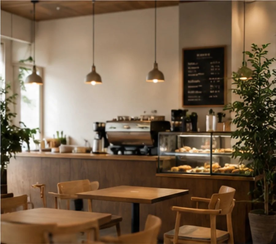 ÉVENTAIL COFFEEの店内、カウンターと焙煎スペース